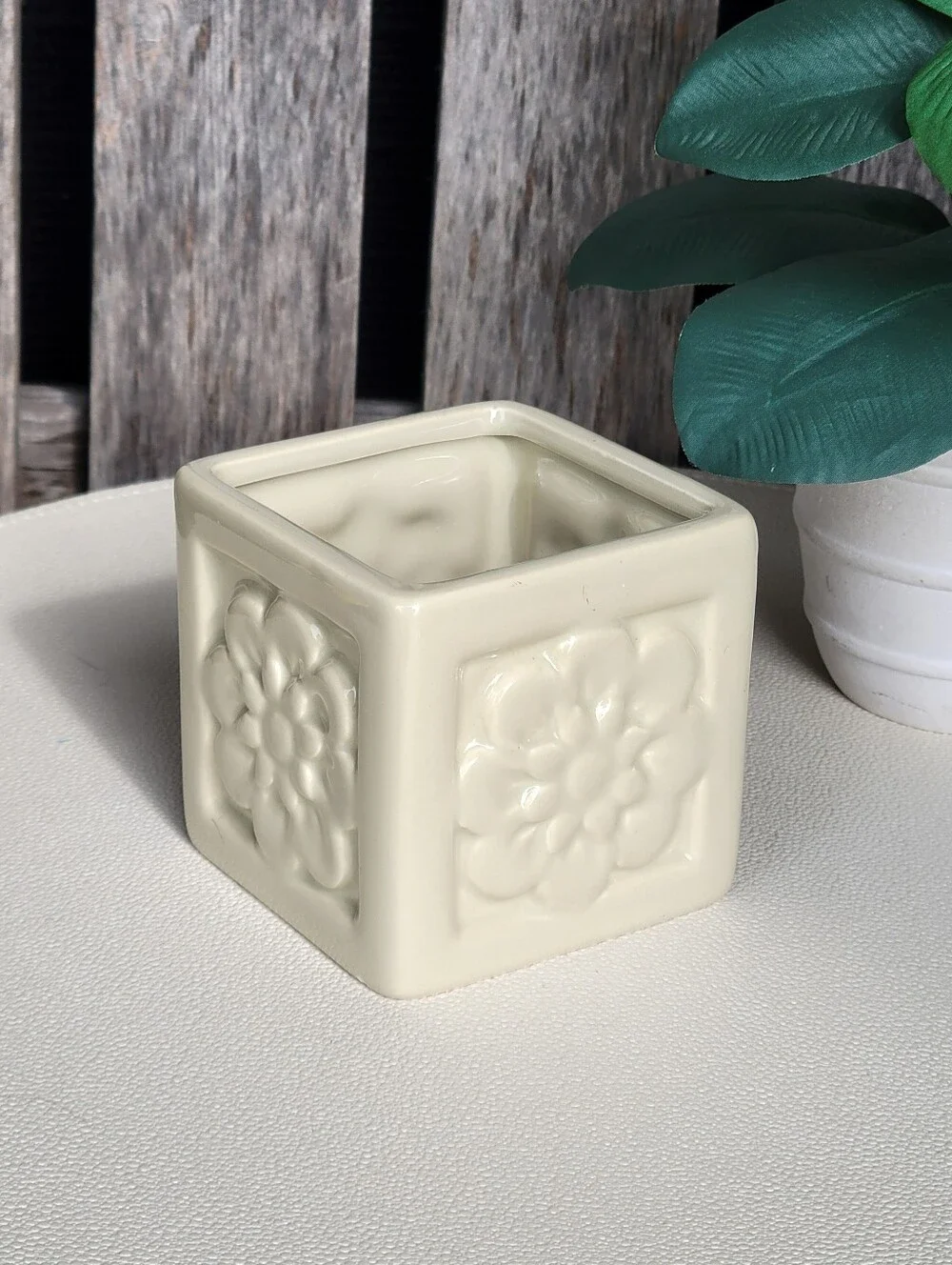 Embossed Floral Ivory Square Ceramic Container